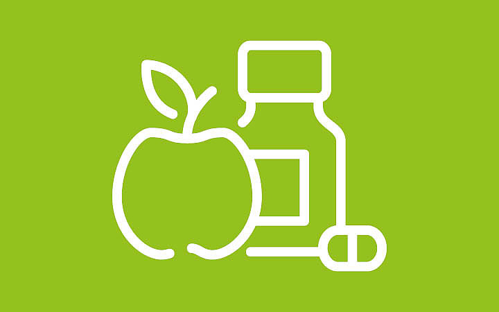 LED2WORK in der Lebesmittelindustrie und der dazugehörigen Verpackungsindustrie - stilisierte Darstellung Apfel, Nutella Glas und Pille 
