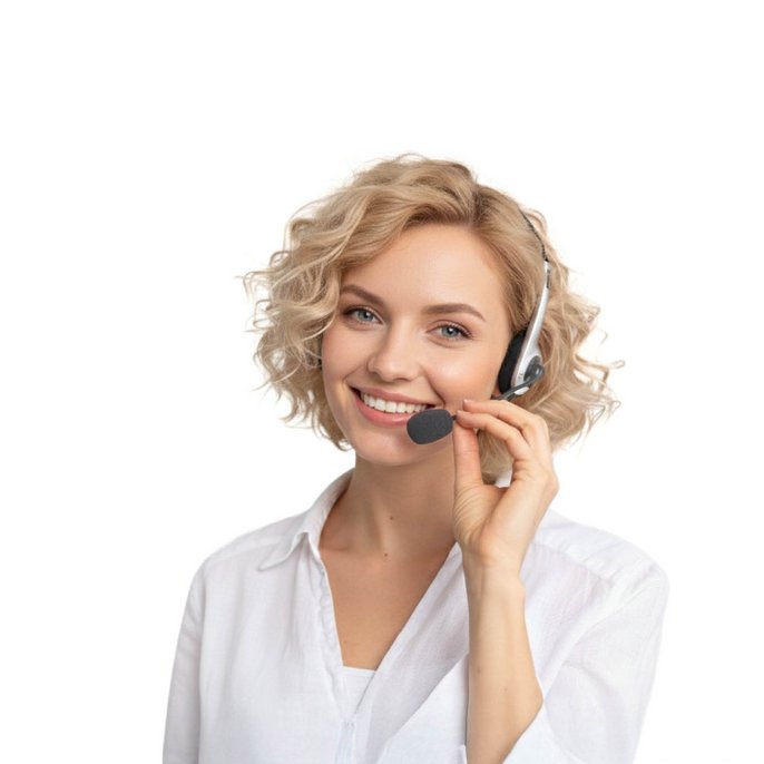 Blonde Frau die über ein Headset mit den Kunden telefoniert