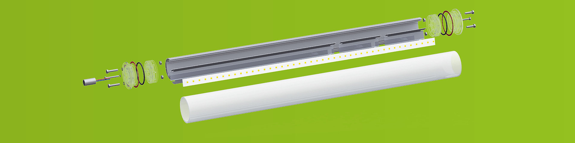 Luminaire industriel à LED avec tube de protection en vue éclatée