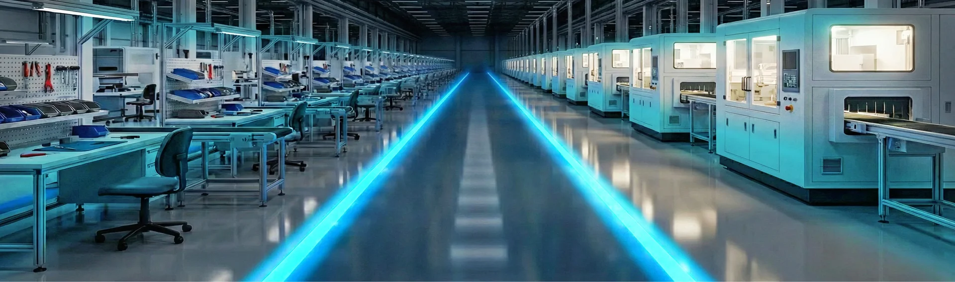 Moderne, automatisierte Produktionshalle mit Maschinenreihen auf beiden Seiten und blau beleuchtetem Mittelgang.