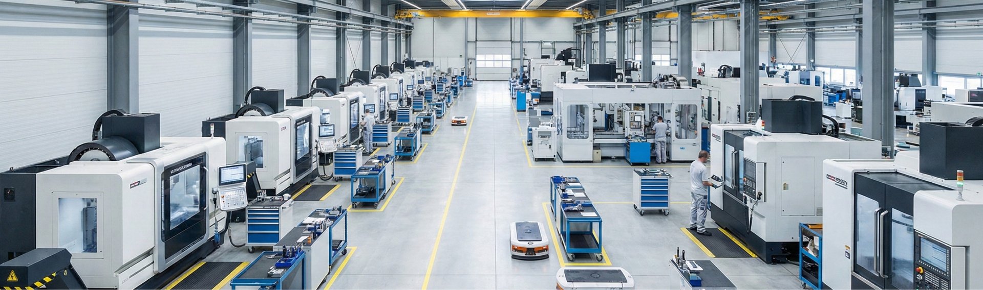 Große Industriehalle mit CNC-Maschinen in parallelen Reihen und zentralem Fahrweg.