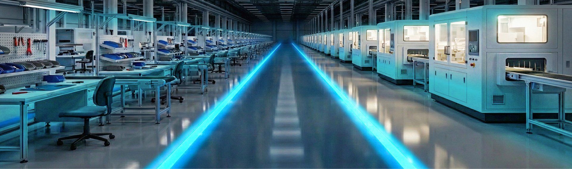 Moderne, automatisierte Produktionshalle mit Maschinenreihen auf beiden Seiten und blau beleuchtetem Mittelgang.