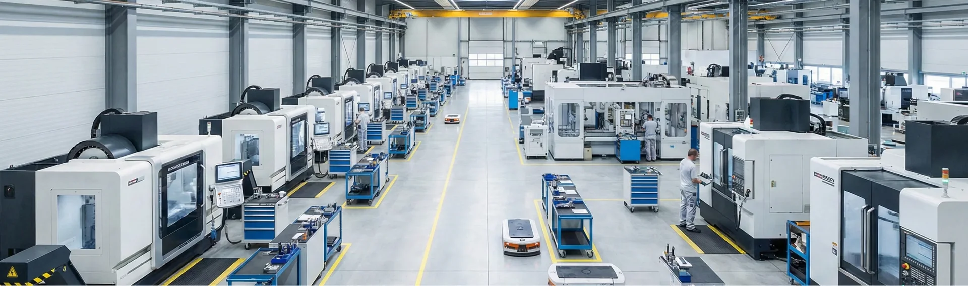 Große Industriehalle mit CNC-Maschinen in parallelen Reihen und zentralem Fahrweg.