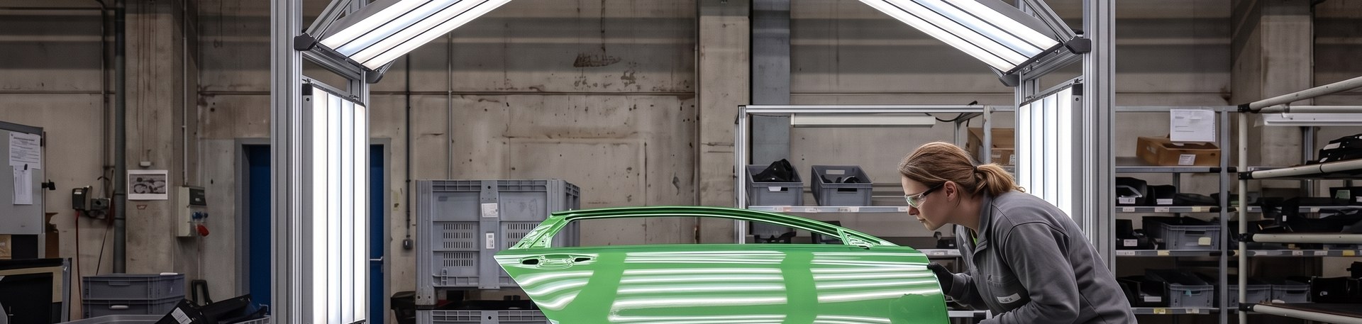 Prüferin beurteilt eine grün lackierte Fahrzeugtür unter einem Lichttunnel mit SYSTEMLED SurfaceOne Prüfleuchten